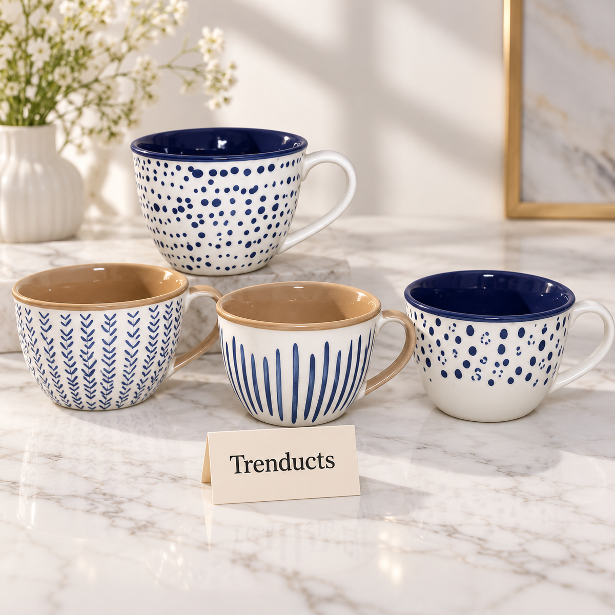 Wide Ceramic Mug 400 ml - Blue Dot and Stripe Print (Random)