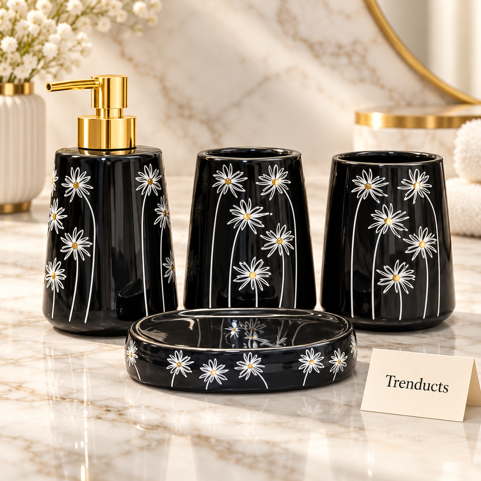 Brilliant Black Bath Set 4 Piece - White Sunflower with Gold Pump