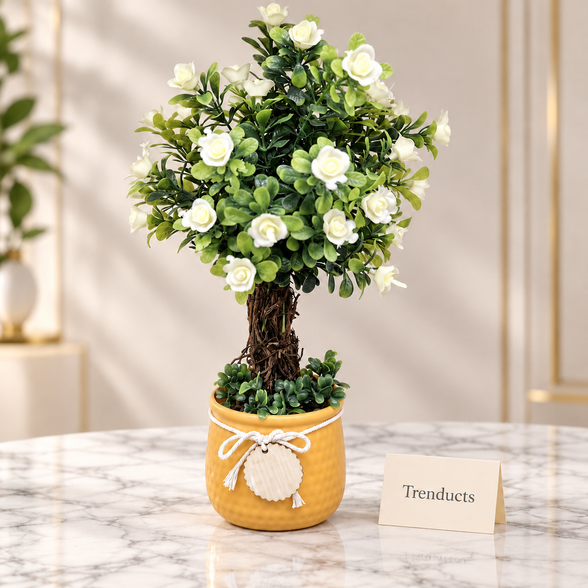 Artificial White Rose Plant Topiary in Home Sweet Home Pot