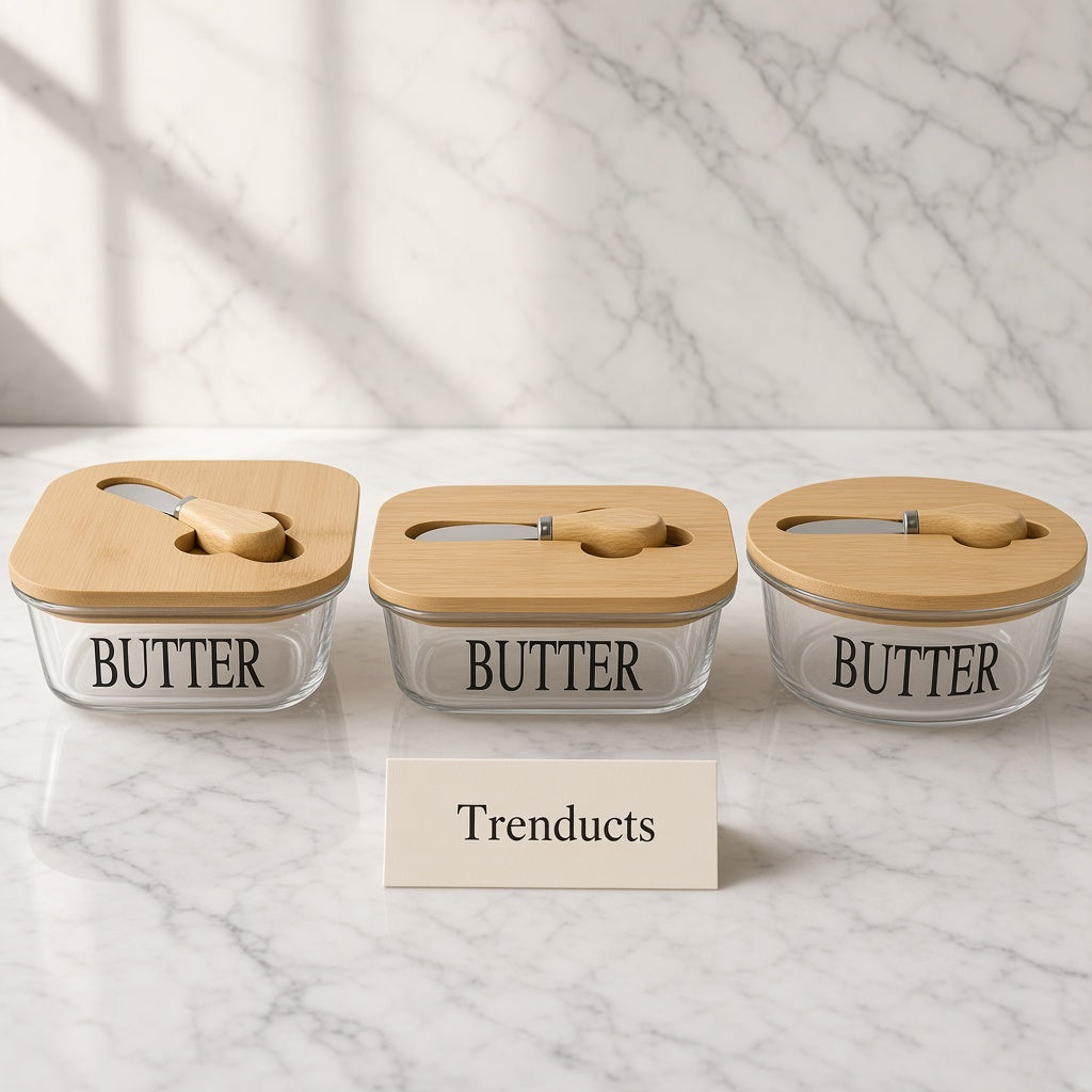 Glass Butter Dish with Bamboo Lid and Butter Knife