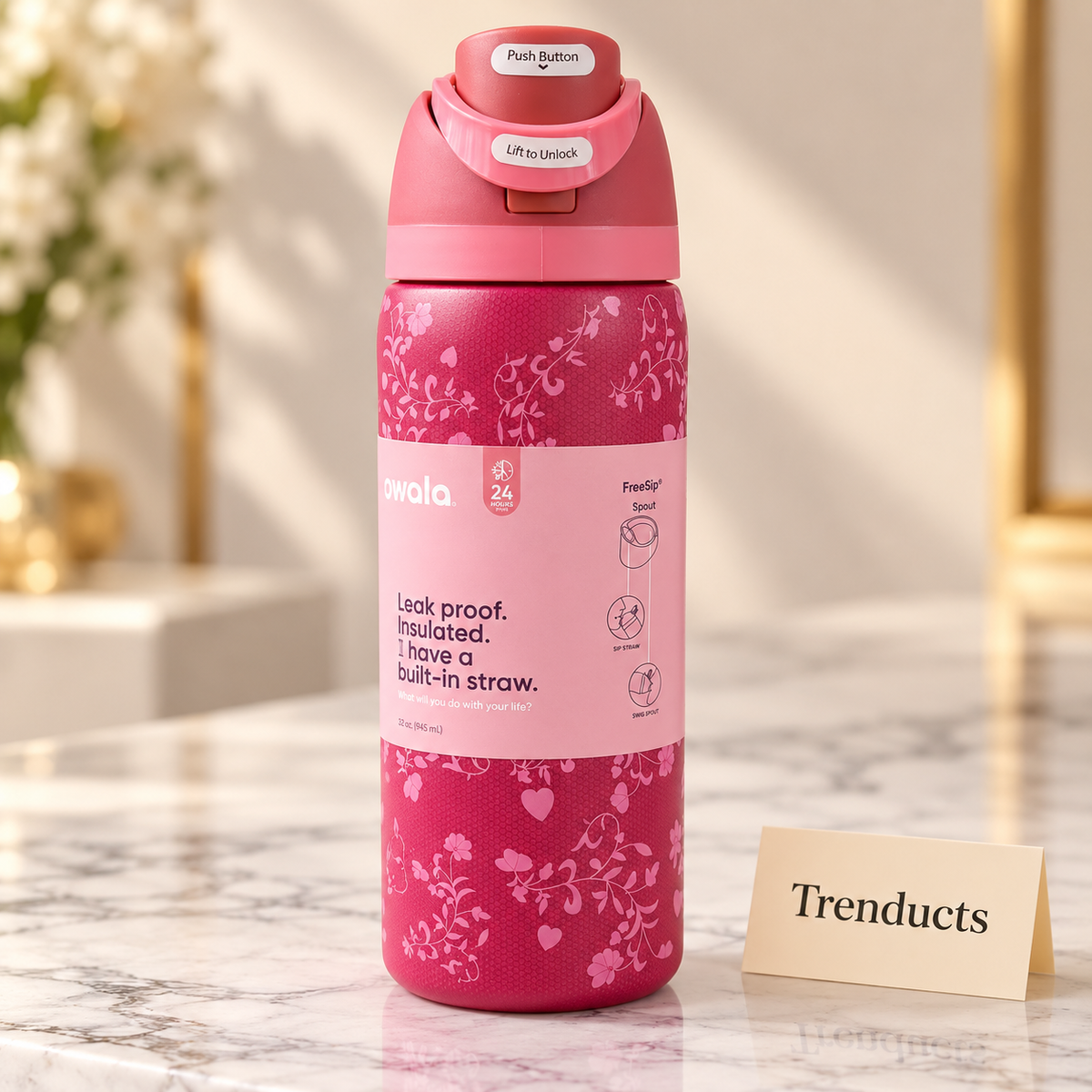 Owala Water Bottle 32 oz - Raspberry Floral Print