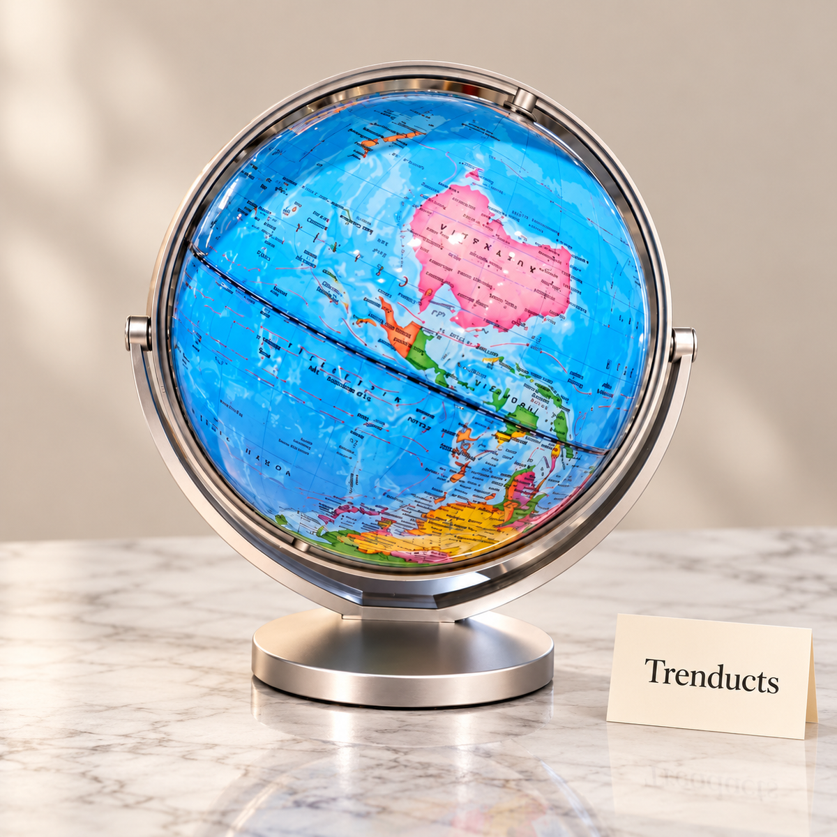 Luxury World Globe - Colourful Map, Silver Ring, 20 cm