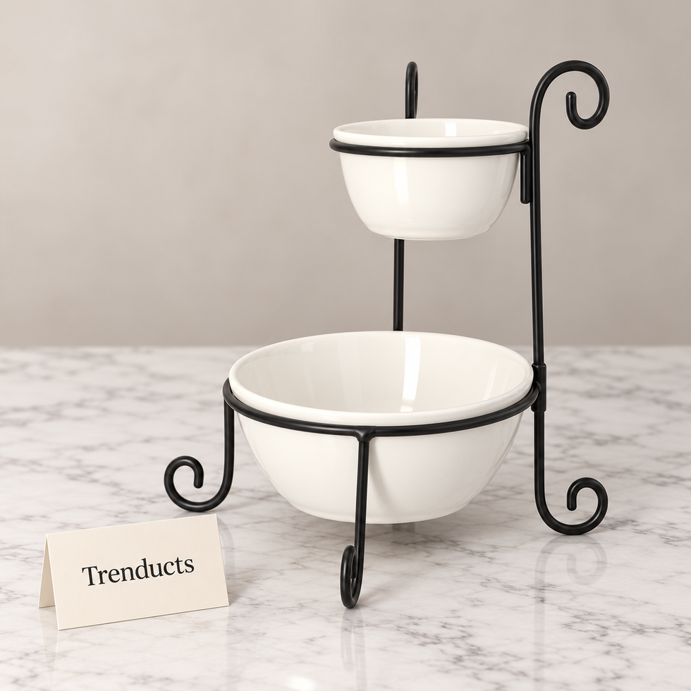 Danny Home Metal Bowl Stand 2 Tier - Black with White Bowls