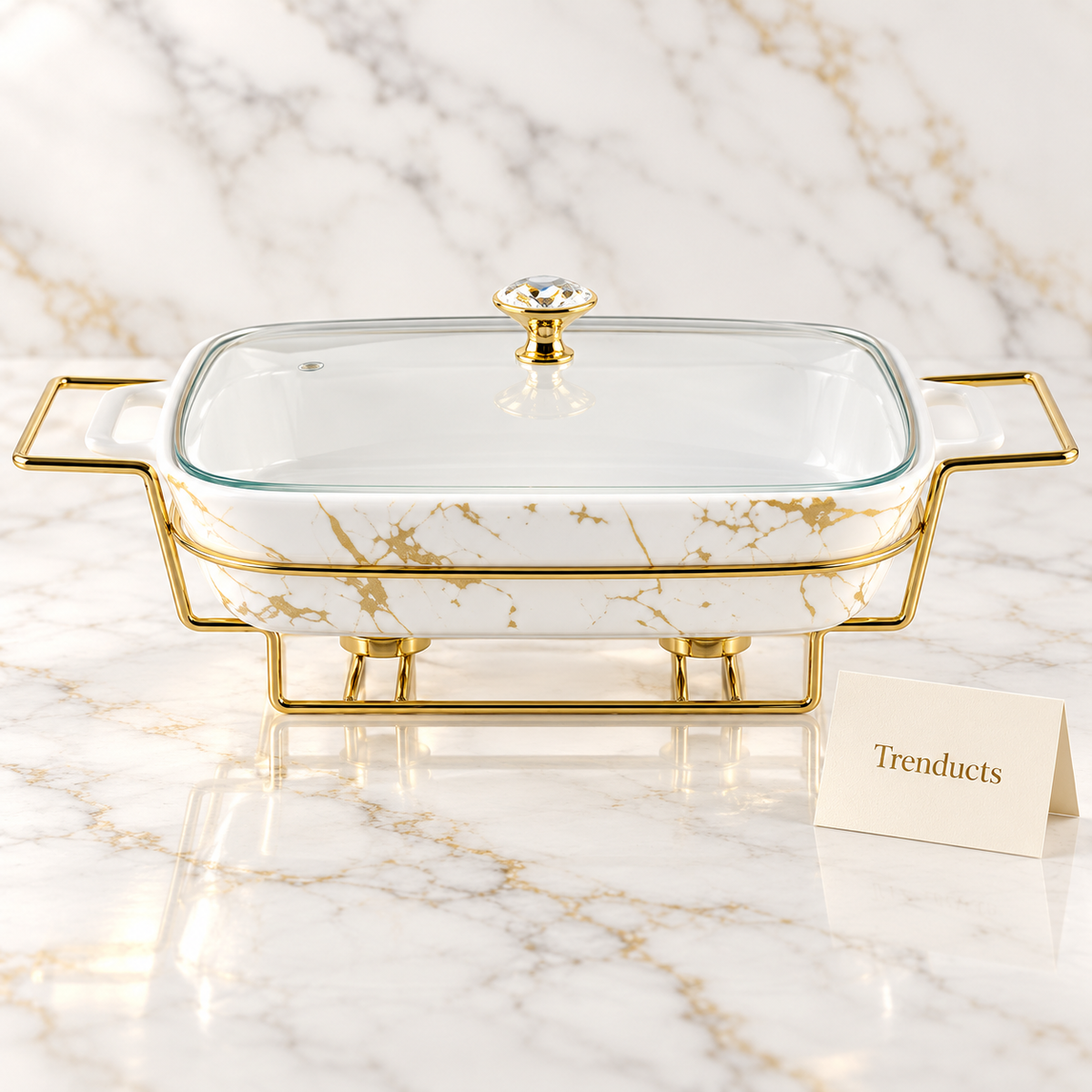 Brilliant Rectangular Marble Casserole with Gold Stand