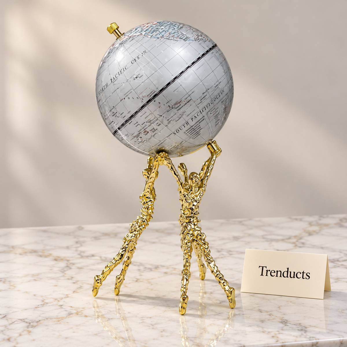 Metal Globe Showpiece - Silver with Gold Figure Stand