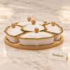 Ceramic Dry Fruit Platter with Lids and Round Bamboo Tray - Gold Rim