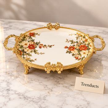 Oval Deep Tray orange floral with gold ornaments on marble surface | Trenducts