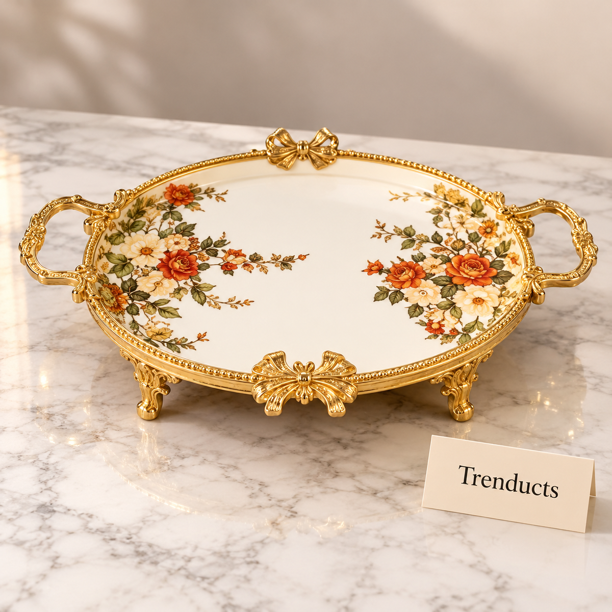 Brilliant Oval Deep Tray - Orange Floral Gold Frame
