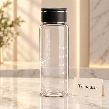 Echou glass hydration bottle luxury studio shot on marble with Trenducts card