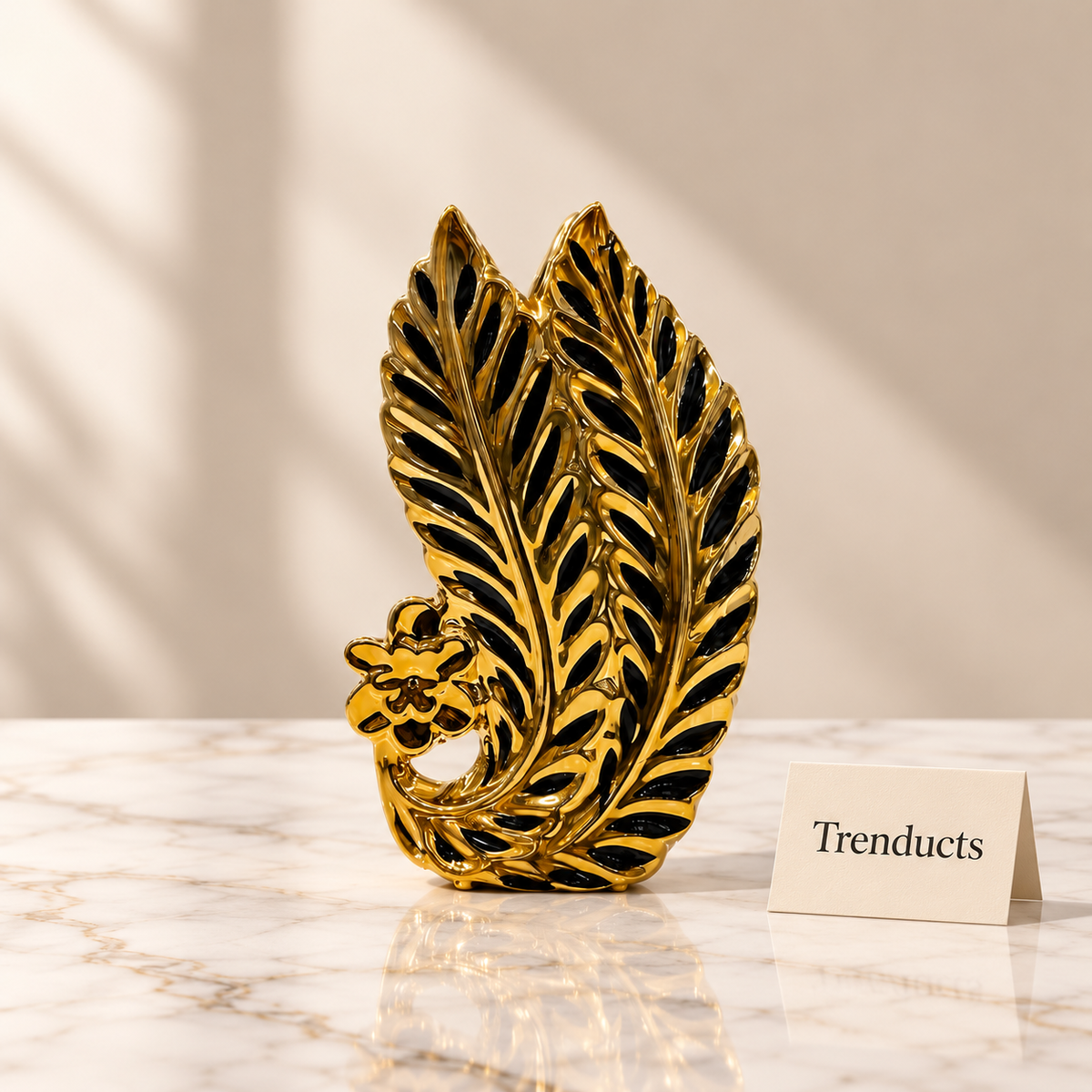 Gold Leaf Ceramic Vase - Black and Gold Feather Design Decor