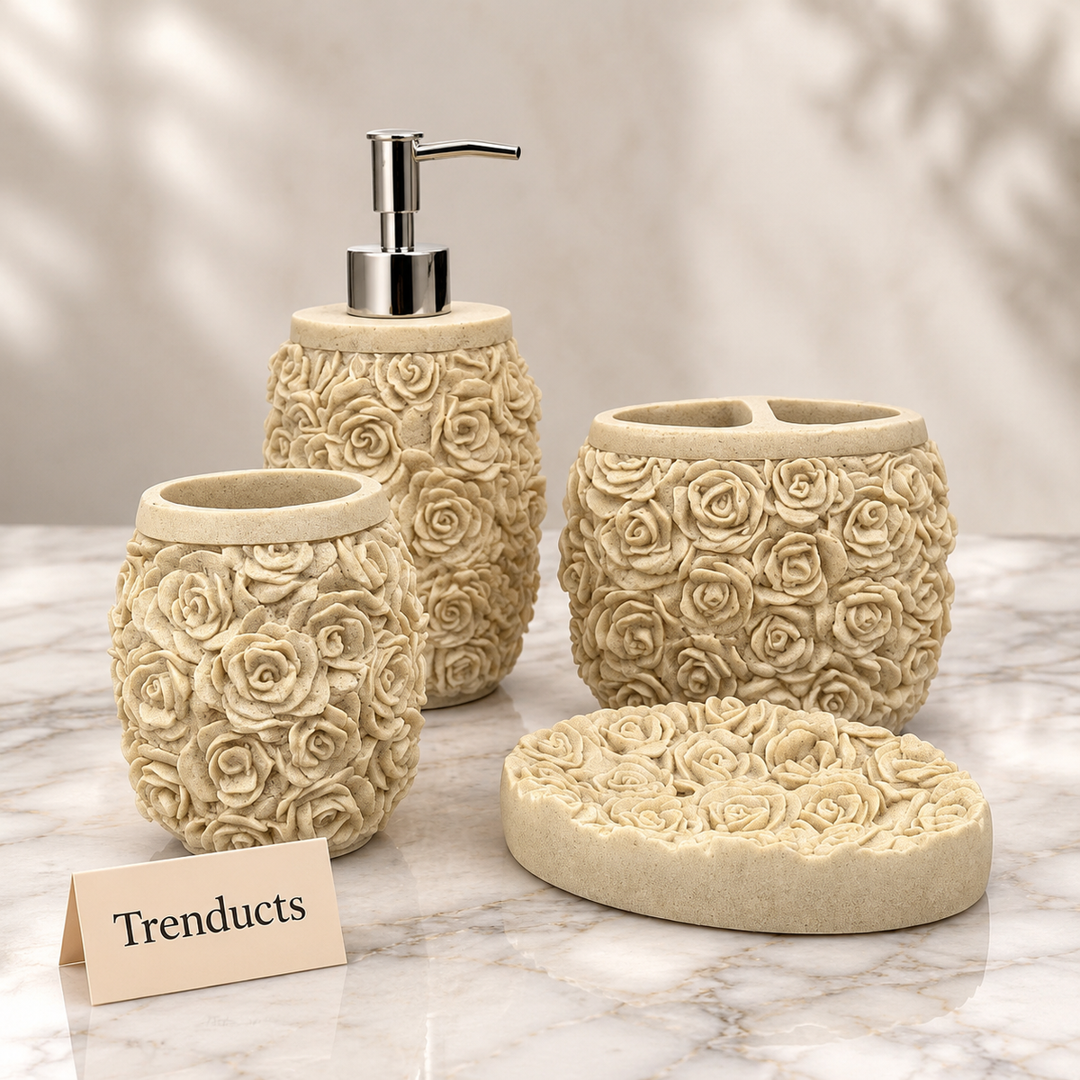 Luxury Bathroom Set - 4-Piece Cream Raised Rose Design