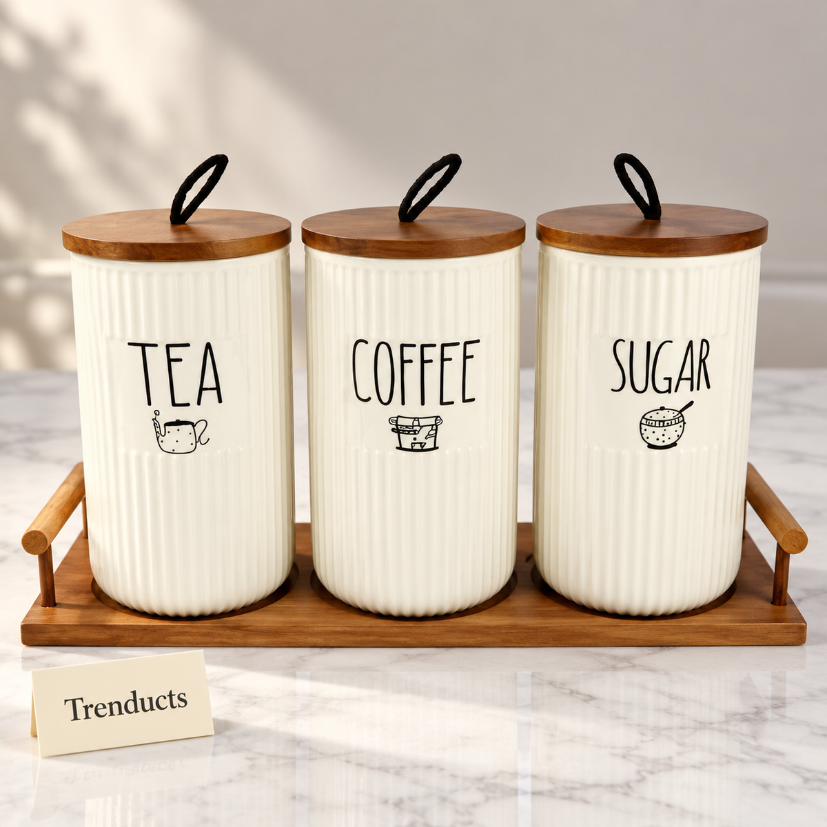 Ceramic Tea Coffee Sugar Canisters Set - Tall Ribbed Jars with Tray