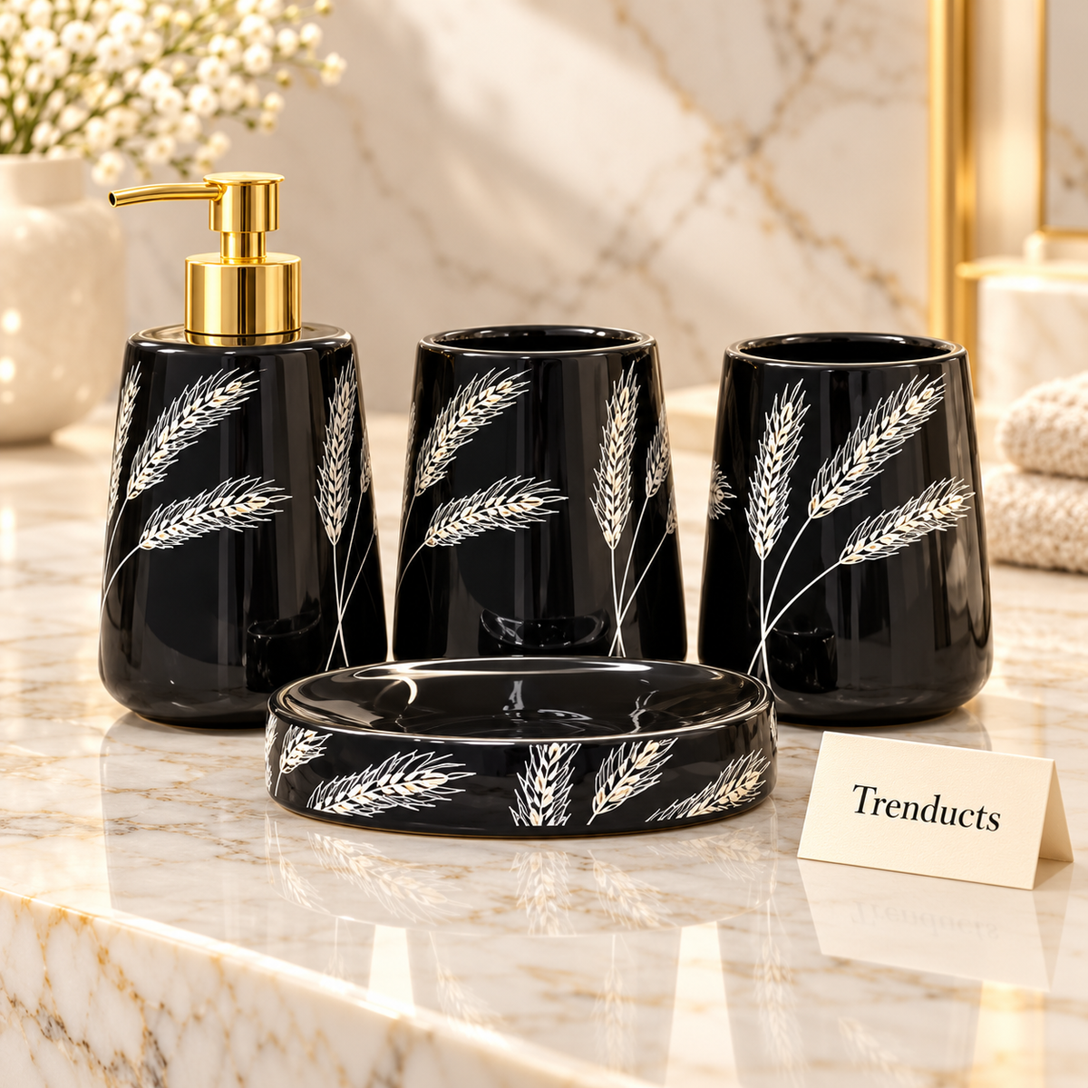 Brilliant Black Bath Set 4 Piece - White Wheat Design