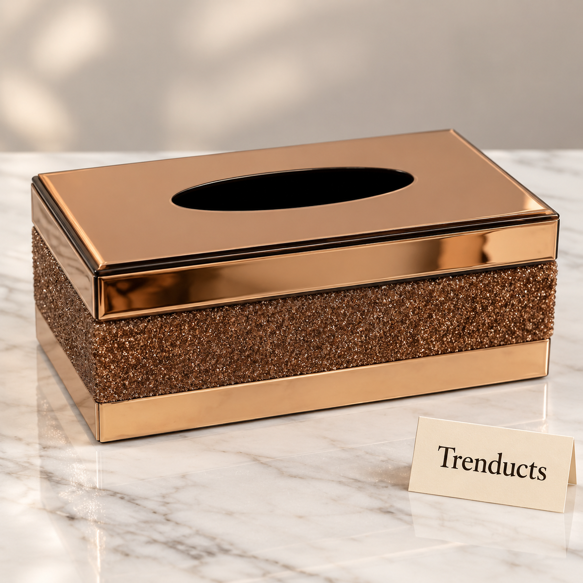 Luxury Tissue Box Cover - Brown Textured with Rose Gold Top