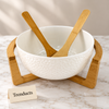 Luxury White Ceramic Serving Bowl with Bamboo Stand and 2 Spoons