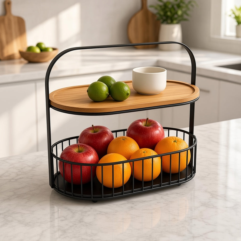 Storage Basket 2 Tier Metal with Bamboo Tray - Black