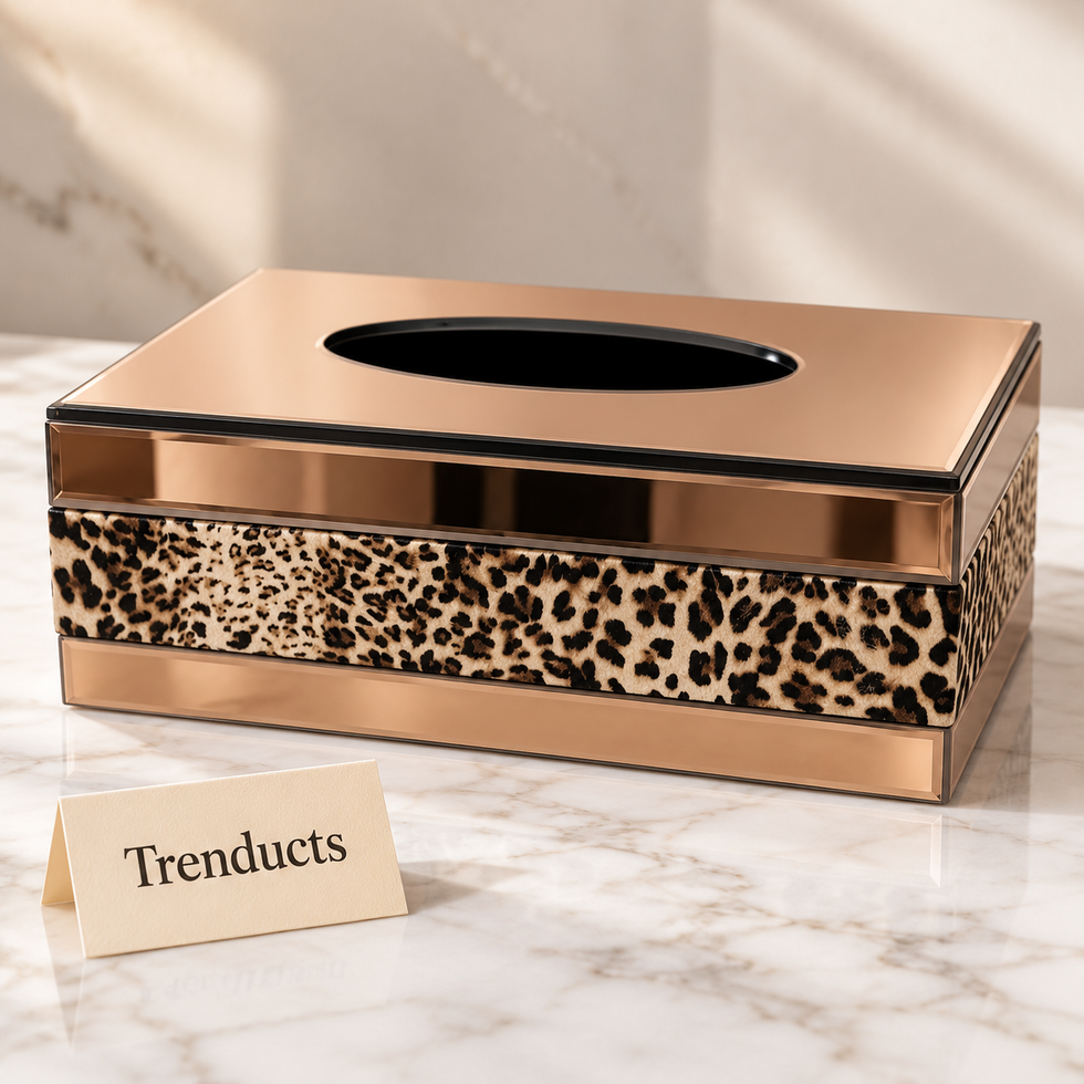 Luxury Leopard Print Tissue Box Cover - Beige with Metallic Trim