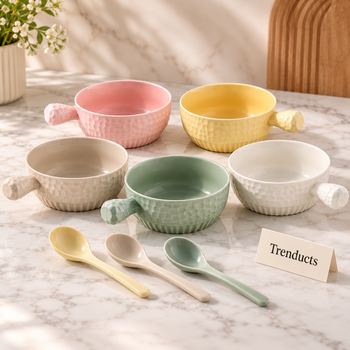 Ceramic Soup Bowl with Handle and Spoon - Hammered Pastel (each)