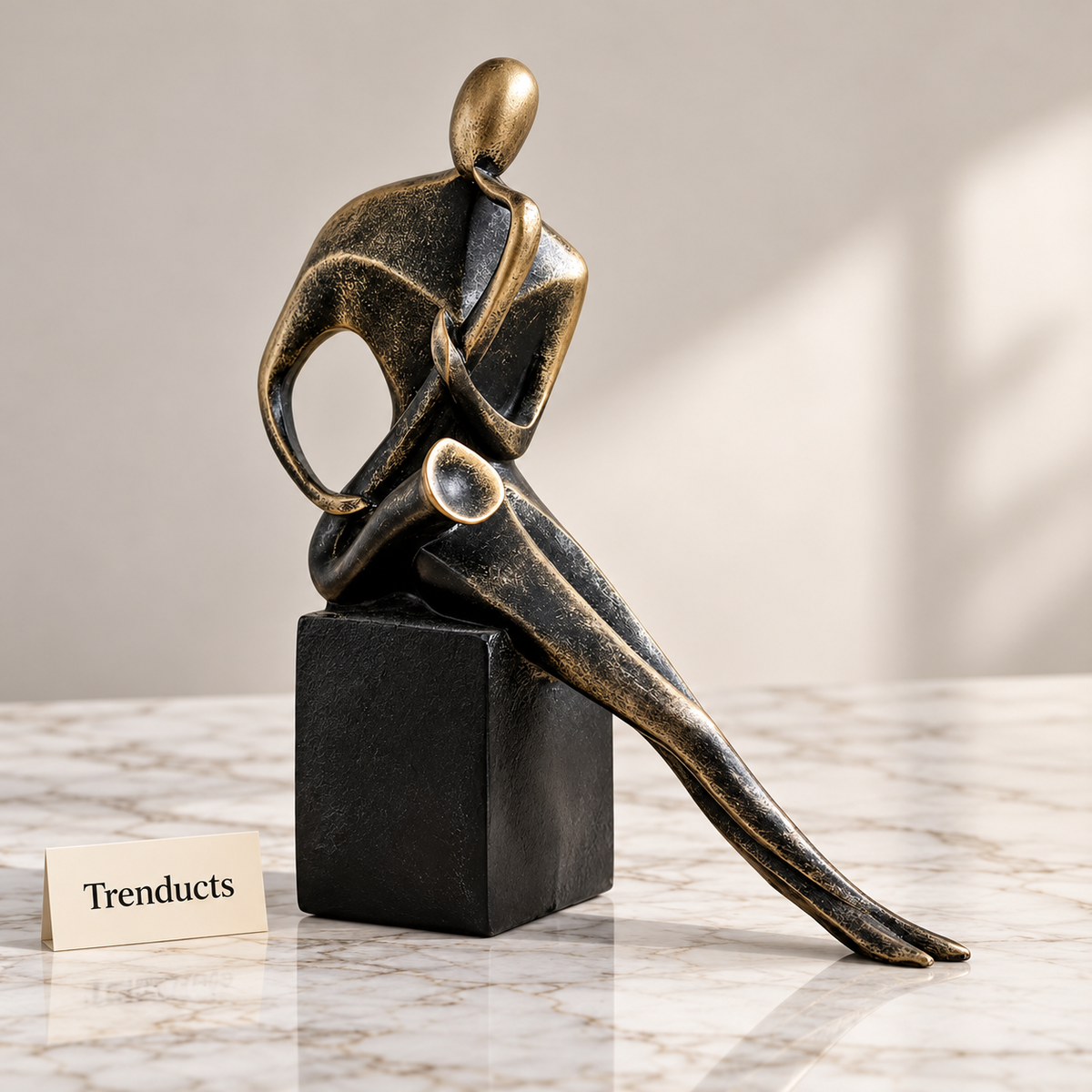 Abstract Thinker Sculpture - Bronze-Tone Seated Figure