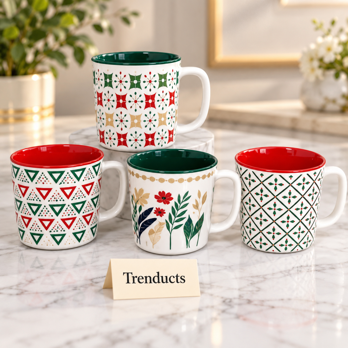Large Ceramic Mug 500 ml - Red and Green Pattern (Random)