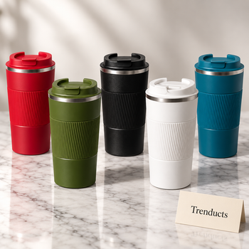 Stainless steel coffee tumblers on a white marble studio surface | Trenducts