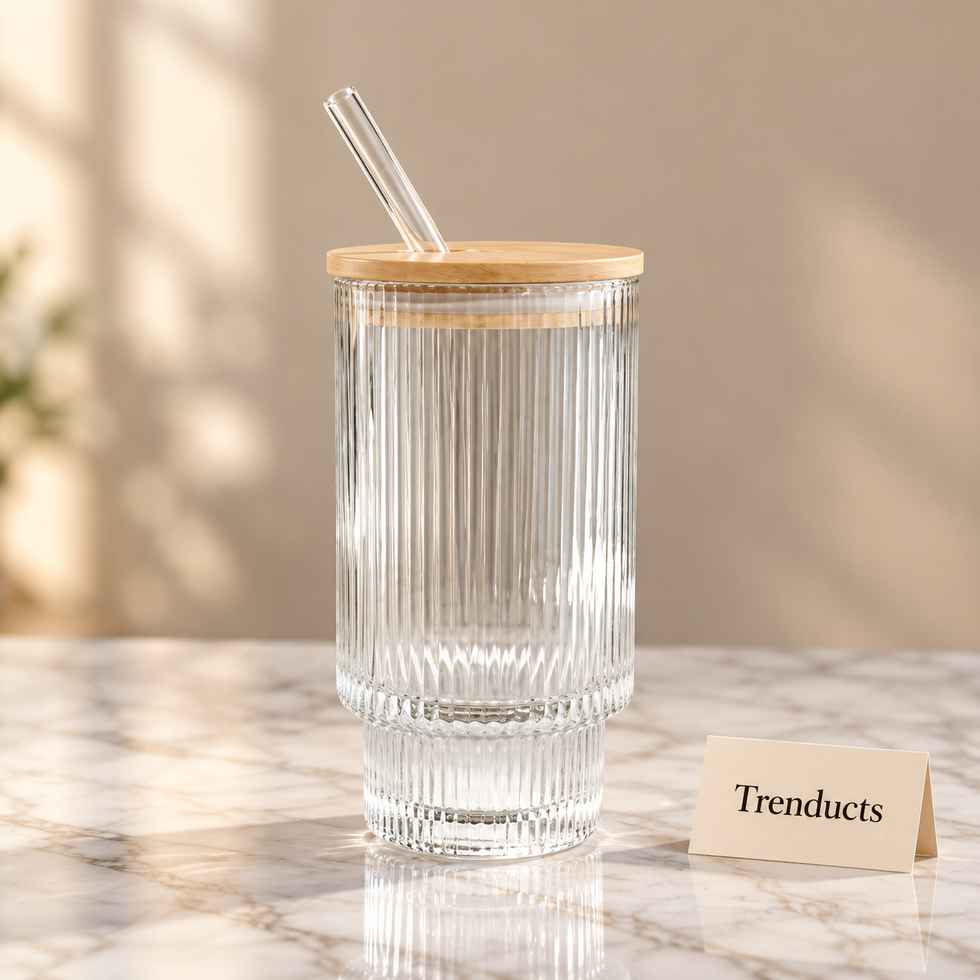 Glass Tumbler with Bamboo Lid and Straw - Ribbed Design