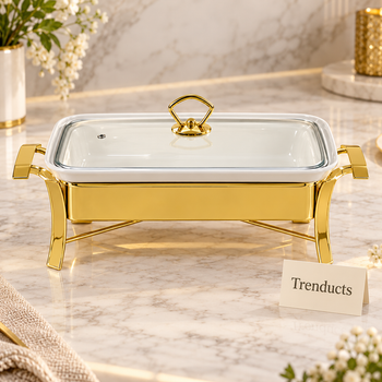 Rectangular serving dish with candle warmer stand - White & Gold styled on a marble counter | Trenducts