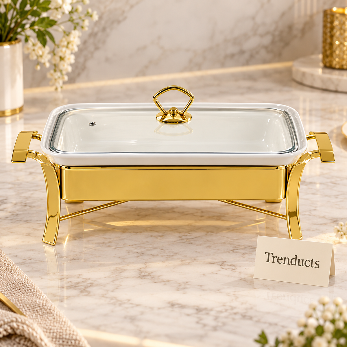 Brilliant Rectangular Serving Dish with Candle Warmer - White & Gold