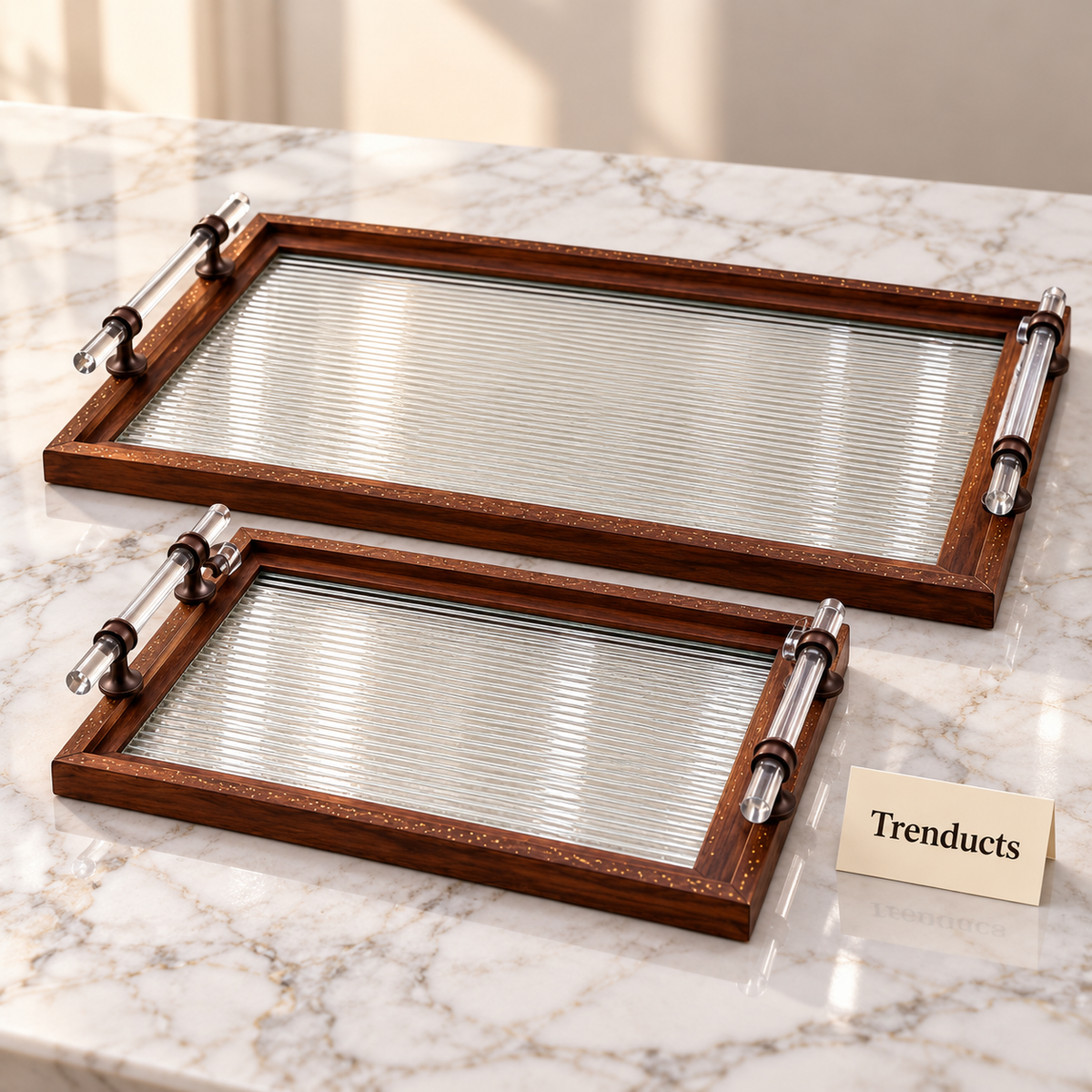 Elegant Serving Tray Set of 2 - Walnut & Fluted Glass