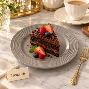 Grey dessert plate with a slice of chocolate cake on a tea table - Trenducts
