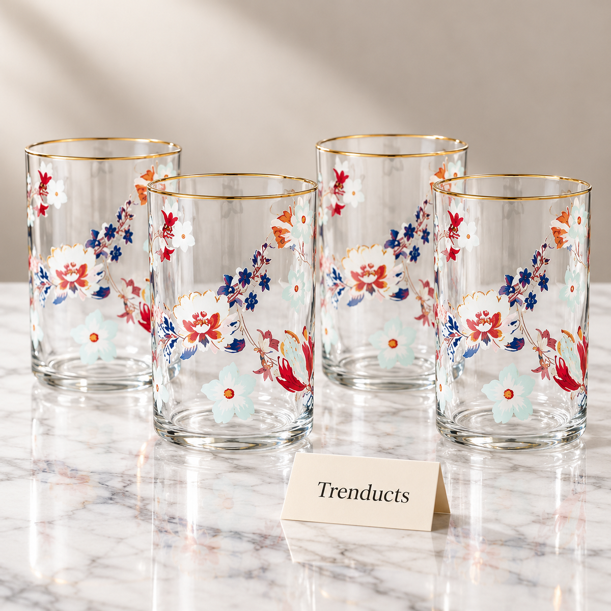 Danny Home Floral Tumbler Set - 4 Pcs 390ml Gold Rim