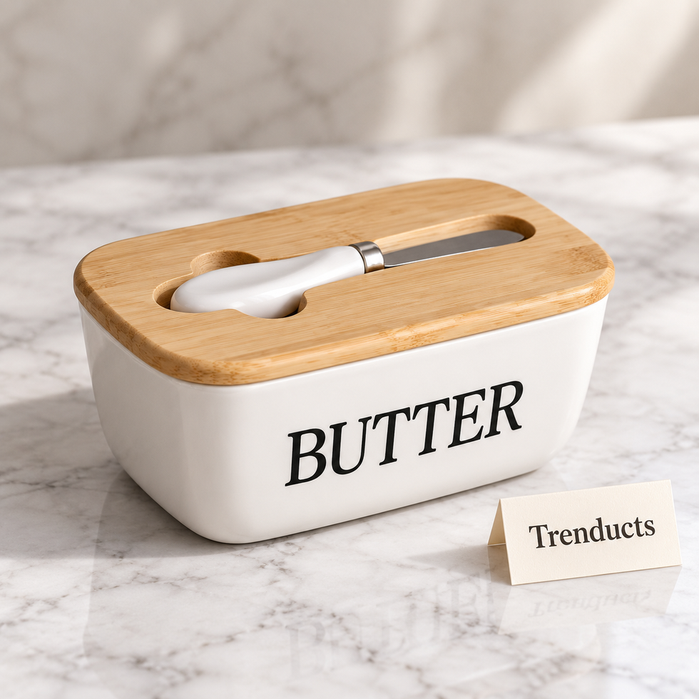 Luxury Ceramic White Butter Dish with Bamboo Lid and Butter Knife