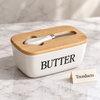Luxury Ceramic White Butter Dish with Bamboo Lid and Butter Knife
