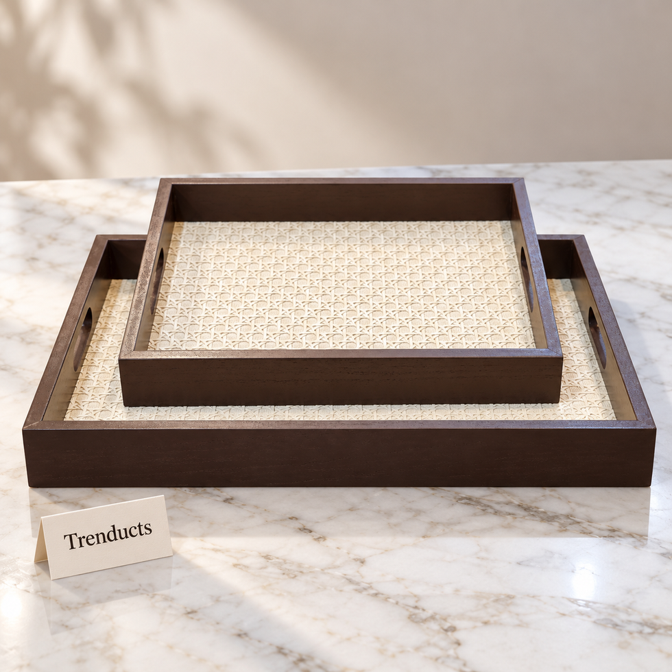 Nested Serving Tray Set - Brown Frame, Cream Woven Base
