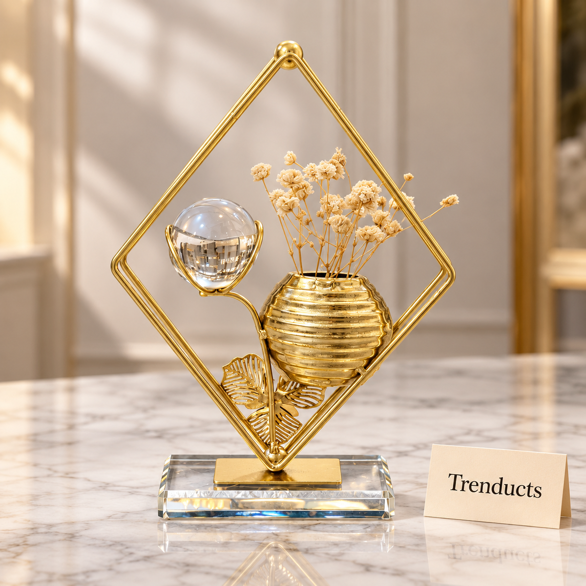 Gold Floral Orb Table Accent - Diamond Frame, Glass Base