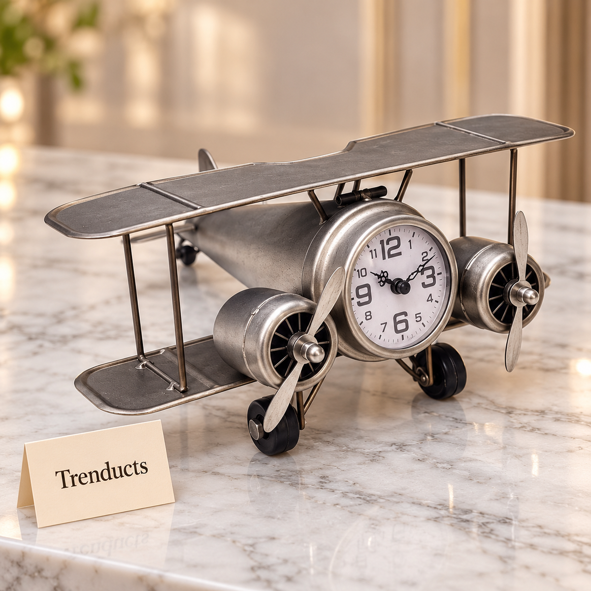 Metal Airplane Clock - Vintage Silver Biplane, 12 inch