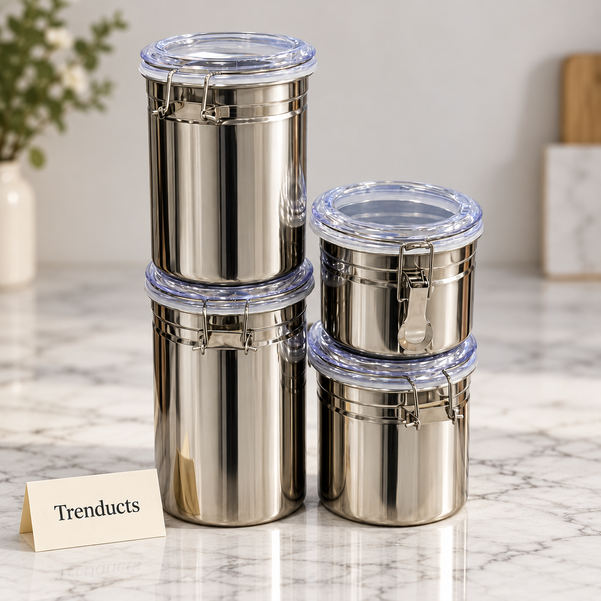Stainless Steel Canister Set - 4 Pcs, Clear Lids