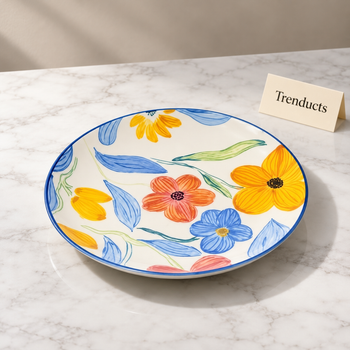 Side Plate in cottagecore floral design on white marble in a studio | Trenducts
