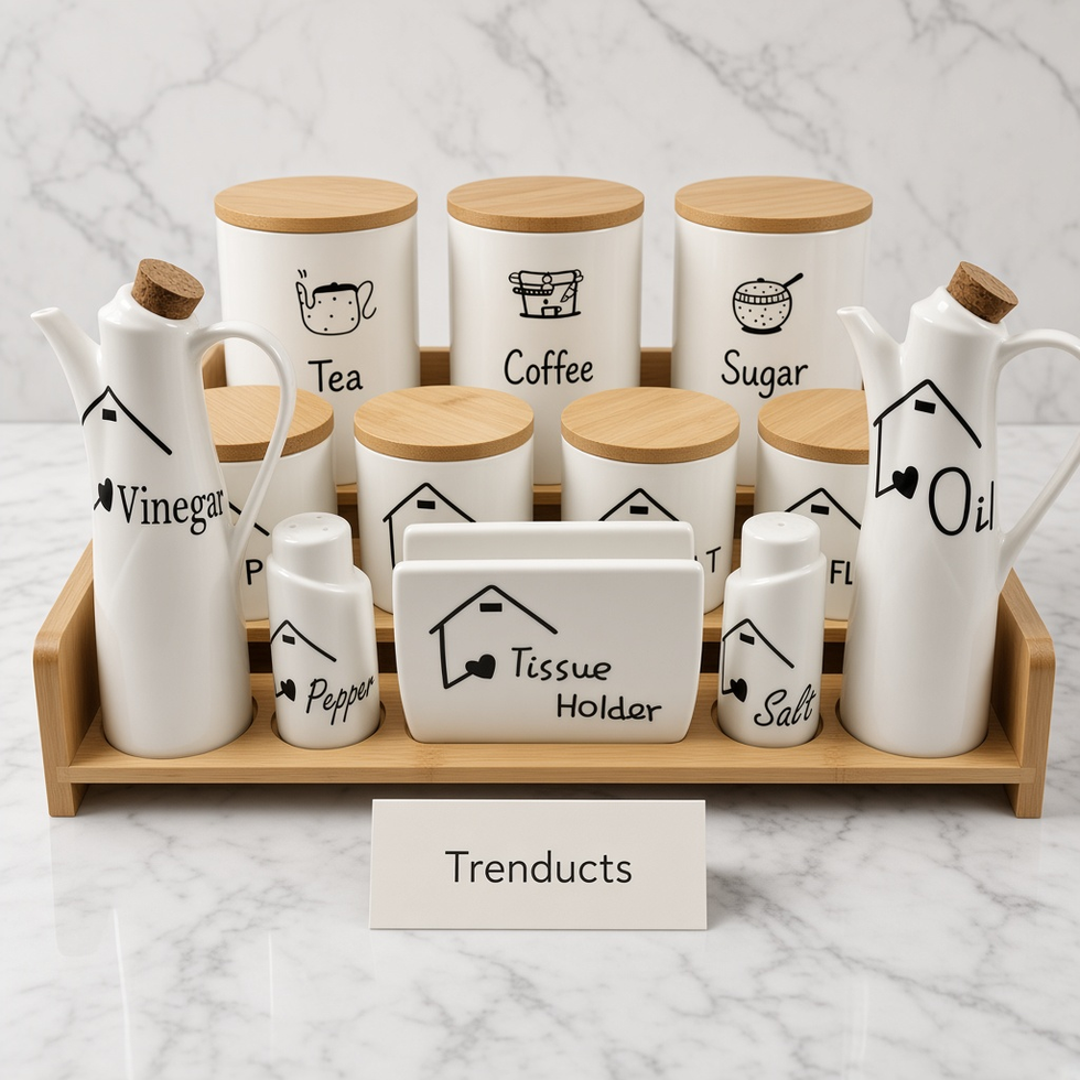 Ceramic Kitchen Jar Set on Bamboo Tray - English Labels
