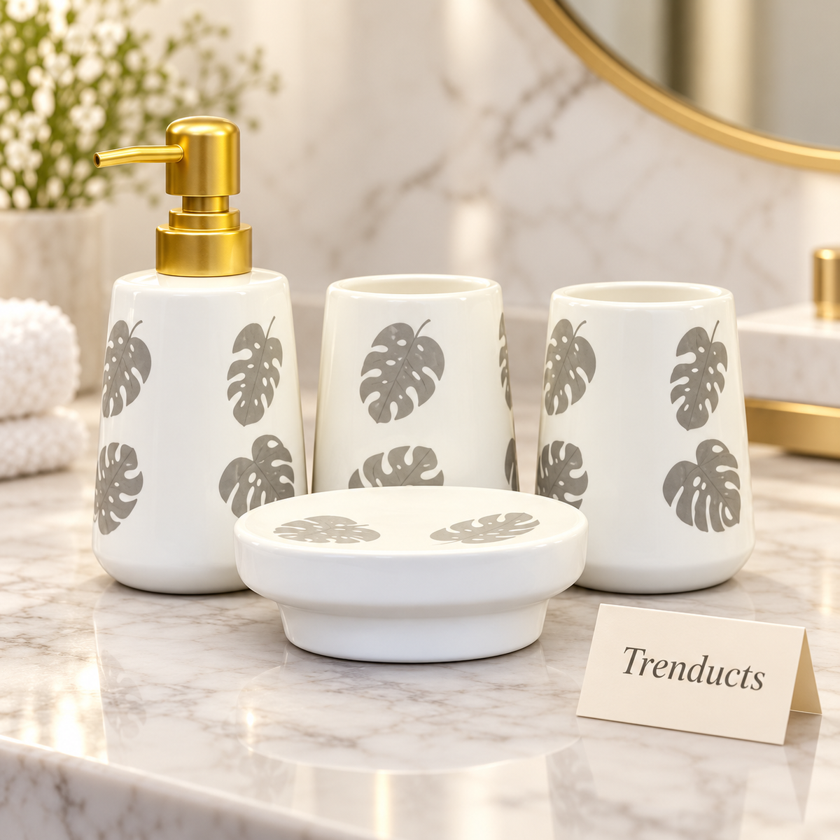 Brilliant 4 Piece Bathroom Set - White Monstera Leaf