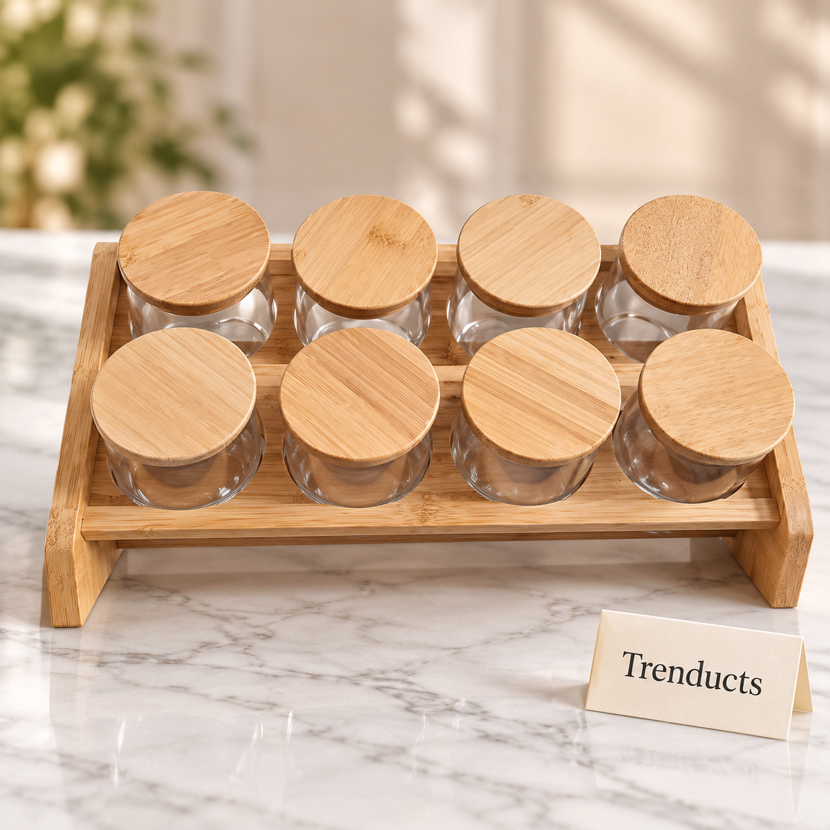Bamboo Spice Rack with 8 Round Glass Jars - Slanted Stand