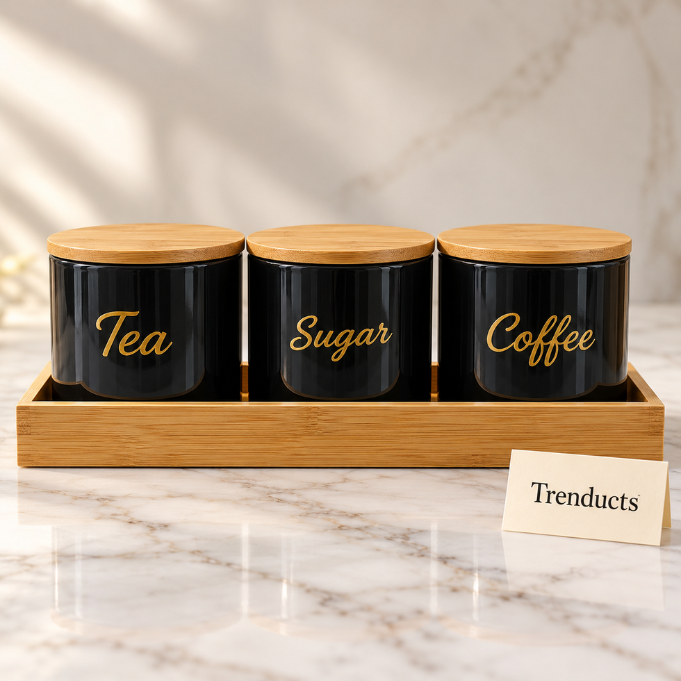 Luxury Tea Sugar Coffee Jar Set - Black Canisters & Bamboo Tray