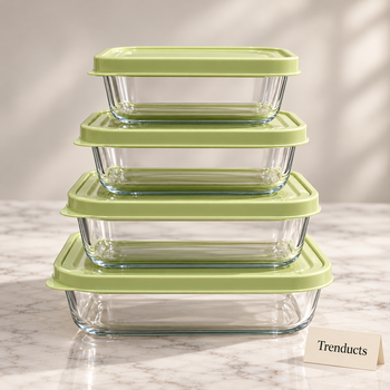 Glass Food Containers with green lids on a white marble studio surface | Trenducts