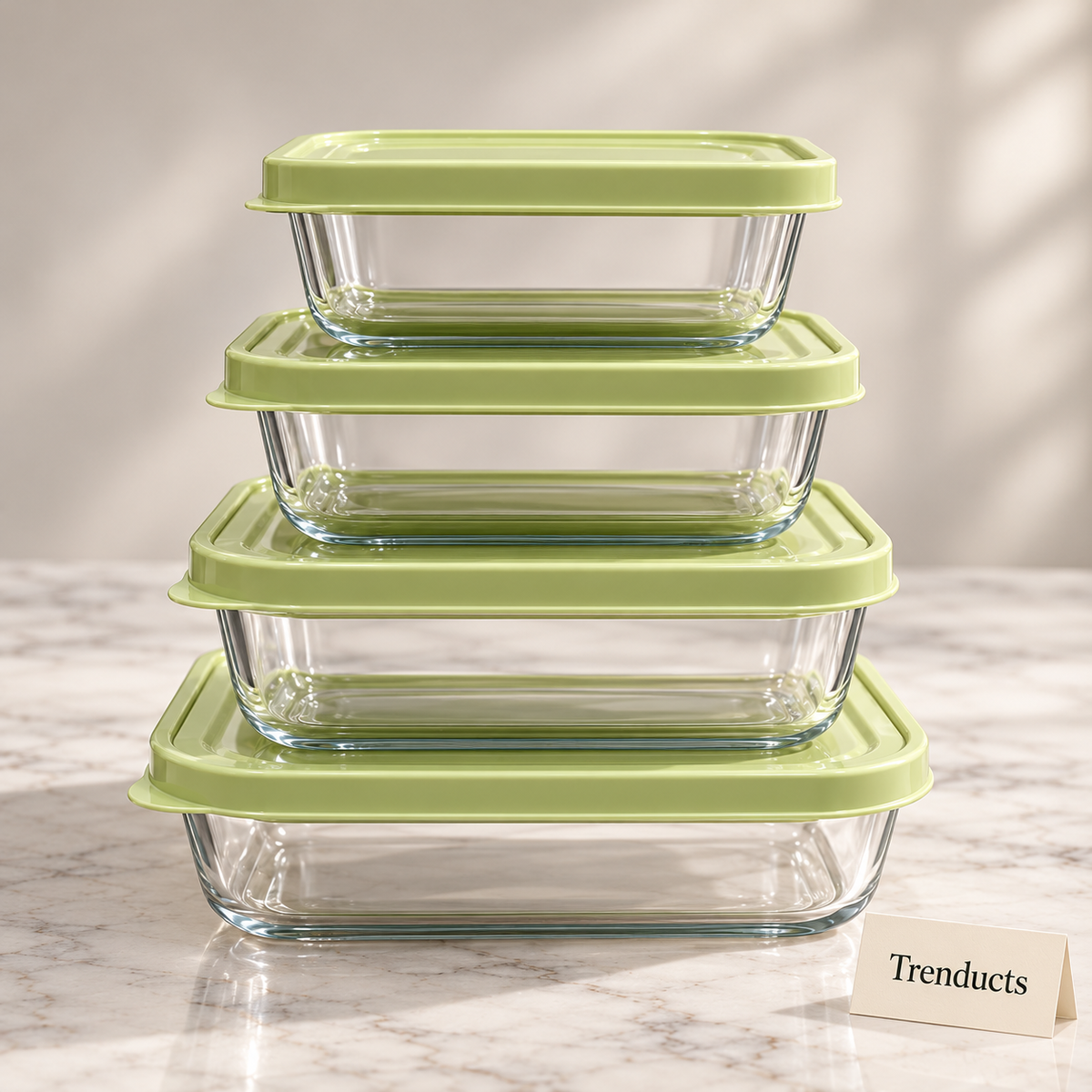 Glass Food Containers with Lid - Rectangular, Green Lid