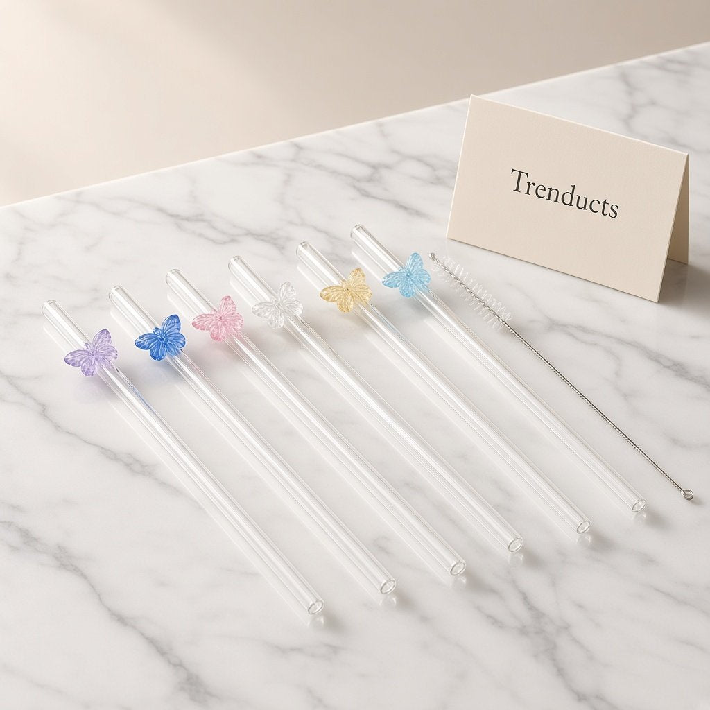 Decorative Glass Straws Set - Clear Straws with 3D Charms