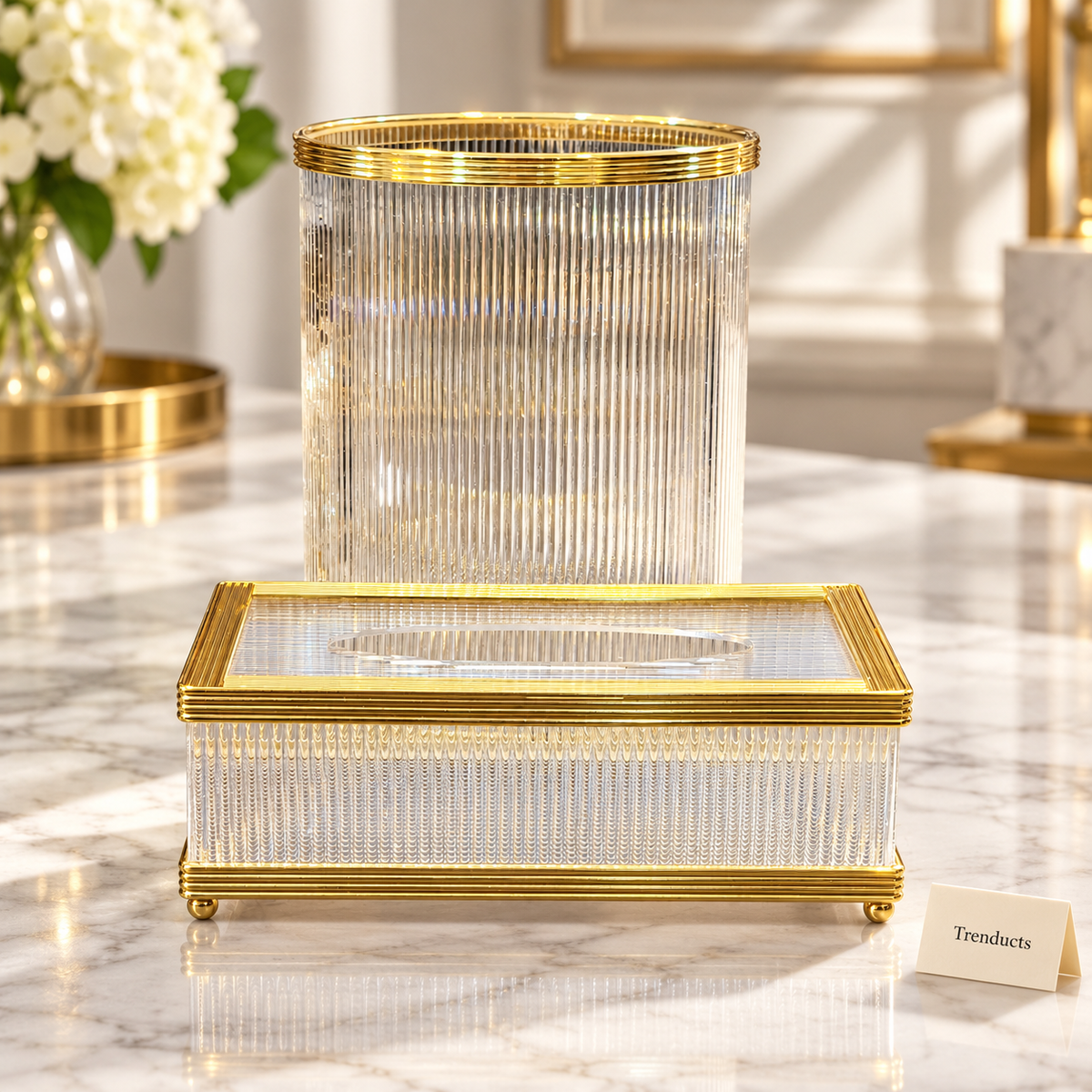 Luxury Ribbed Clear Tissue Box and Dustbin Set - Gold Trim
