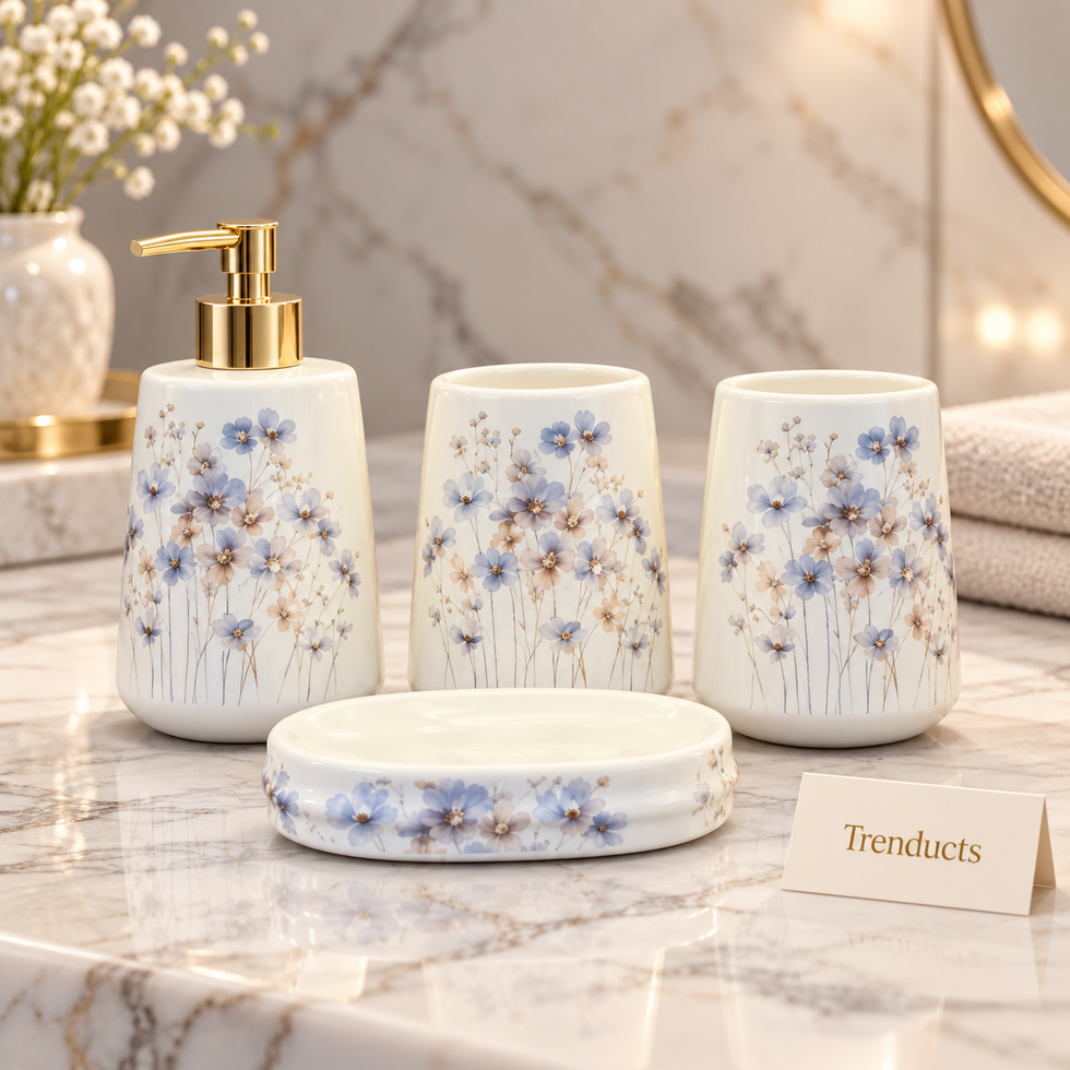 Brilliant 4-Piece Porcelain Bathroom Set - White Blue Flower
