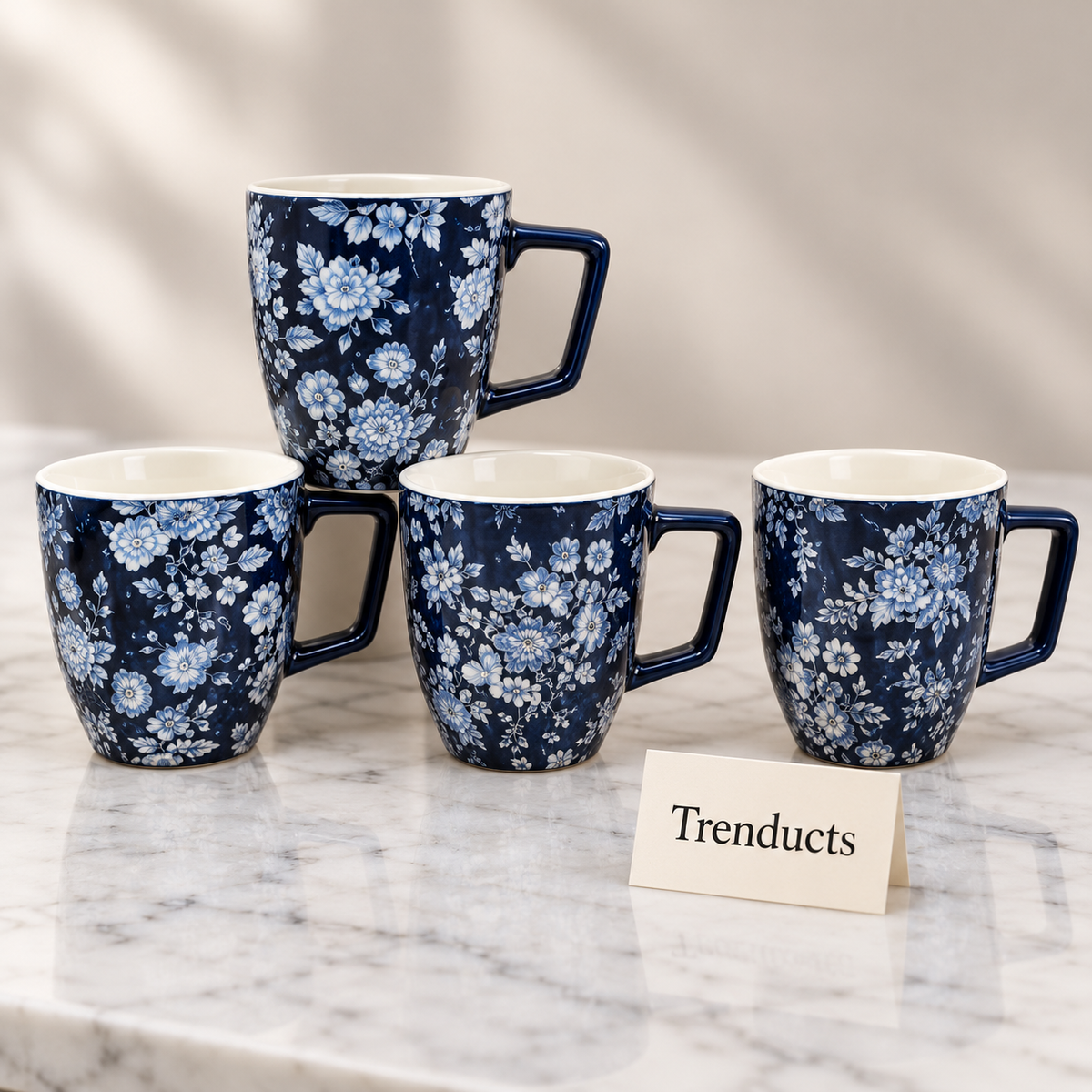 Navy Floral Mug 440 ml - Square Handle & White Flowers