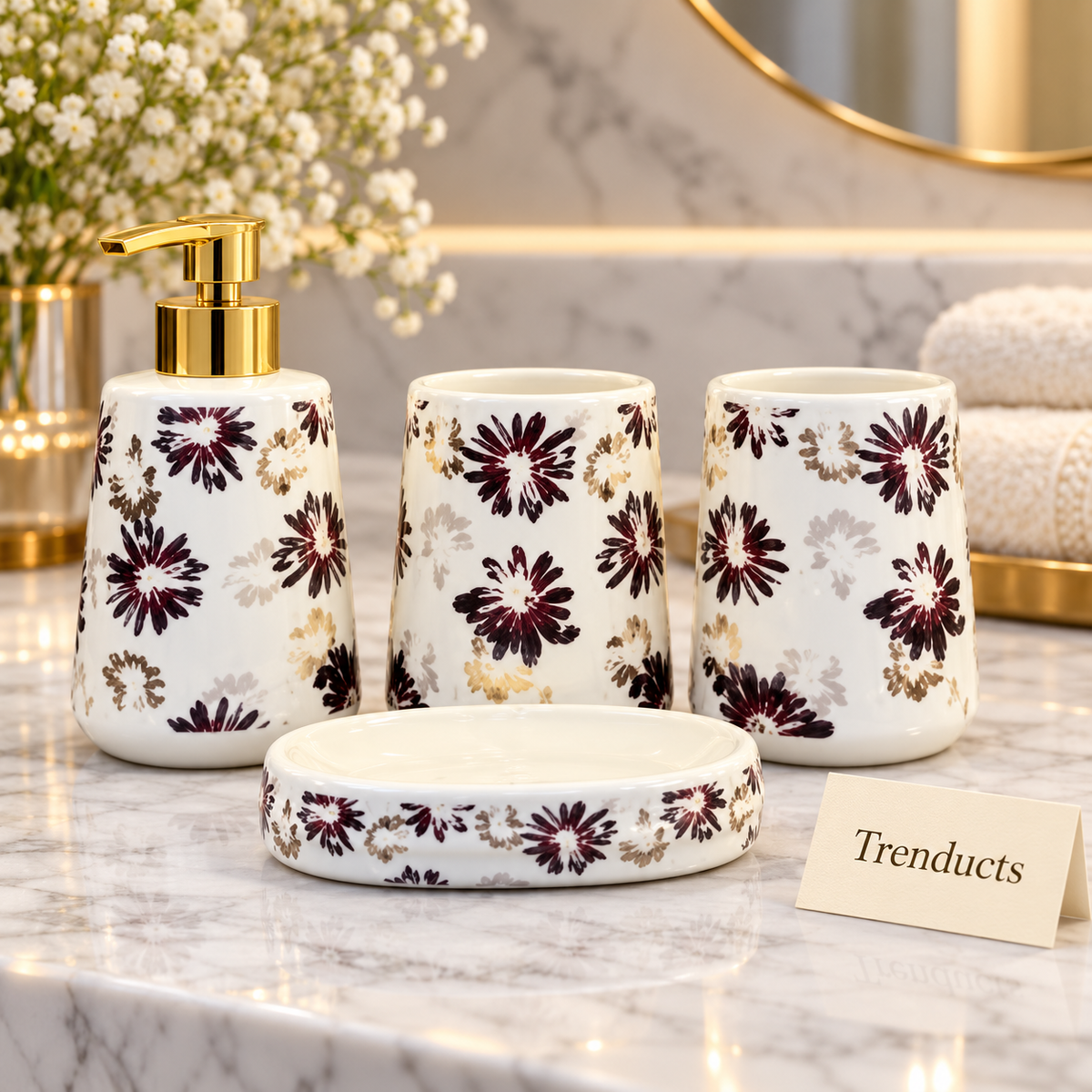 Brilliant 4-Piece Porcelain Bathroom Set - White Dark Flower
