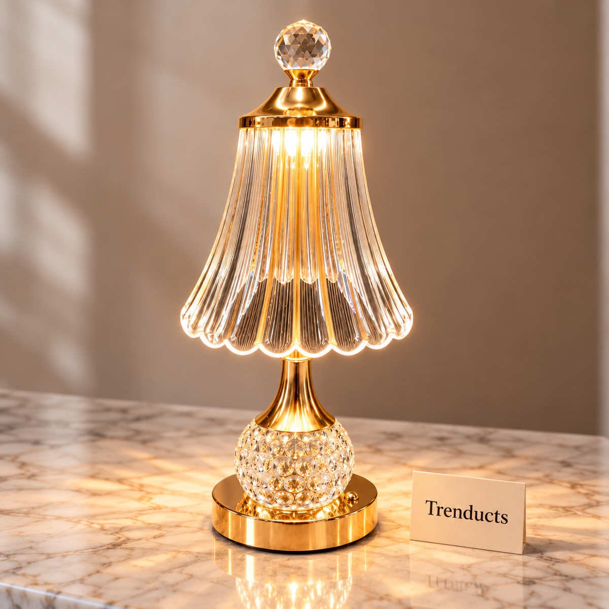 Crystal Lamp - Fluted Bell Shade Gold Table Lamp